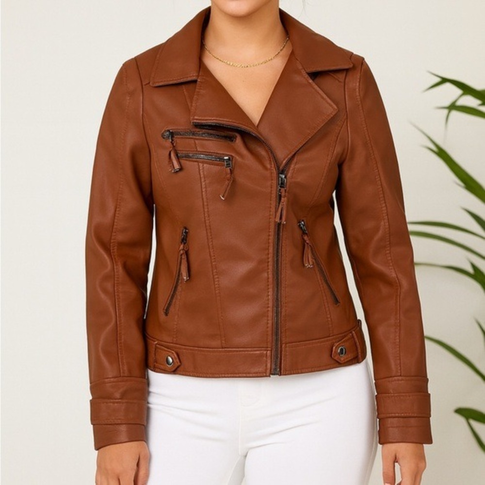 Blue B Collection Faux Leather Moto Jacket Brown Zip Pockets‎ Women Size M